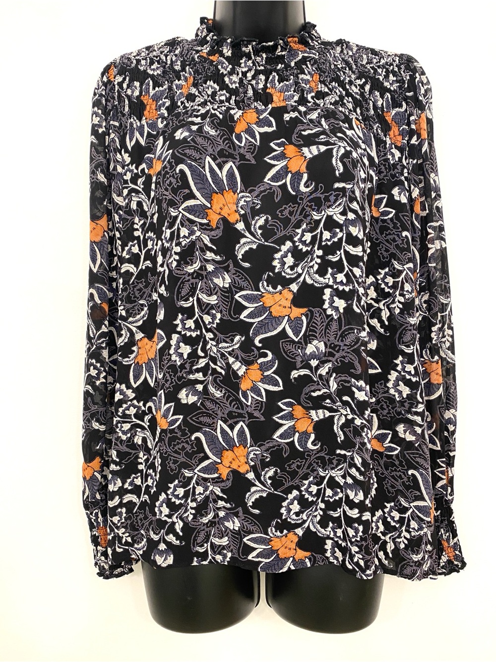 B. Copenhagen Floral Smocked Neck Sheer Blouse Black Burnt Apricot Paisley US M - Picture 2 of 14